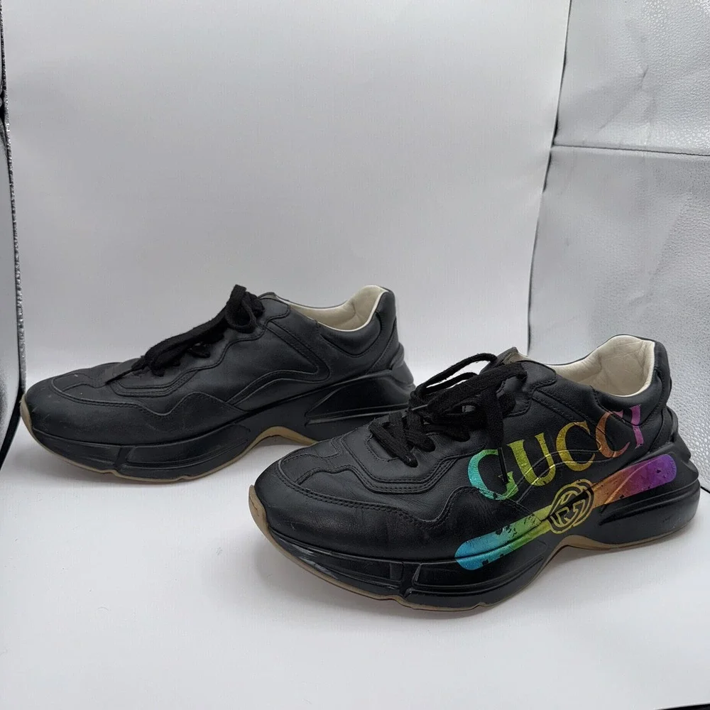 Gucci Men's 11 Black Rhyton‎ Iridescent Rainbow Logo Apollo Nero Sneaker Shoes
